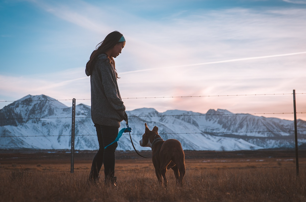 woman with dog in front of snow-capped mountains